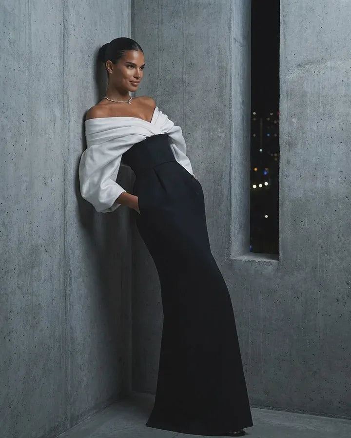 Elegant Off-the-Shoulder Puff Sleeve Corset Lace-Up High Slit Mermaid Maxi Dress