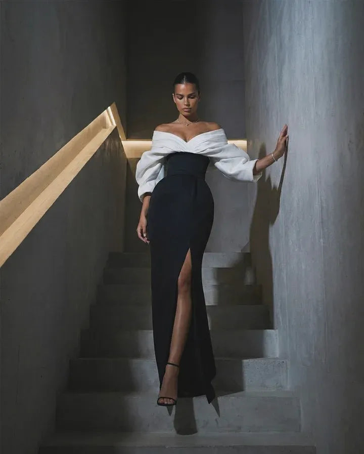 Elegant Off-the-Shoulder Puff Sleeve Corset Lace-Up High Slit Mermaid Maxi Dress