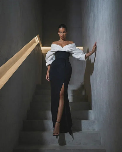 Elegant Off-the-Shoulder Puff Sleeve Corset Lace-Up High Slit Mermaid Maxi Dress