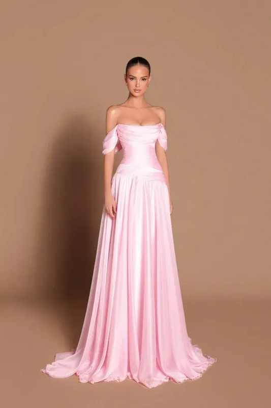 Elegant Off-the-Shoulder Ruched Satin A-Line Maxi Dress with Train