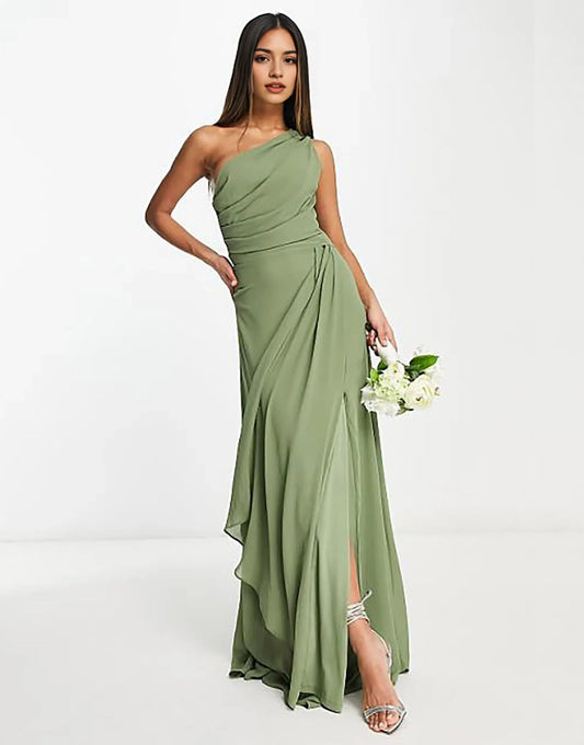 Elegant Olive One-Shoulder Ruched High-Slit Floor-Length Evening Dress