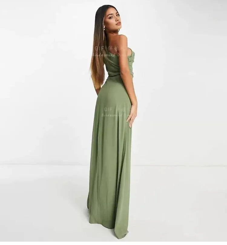 Elegant Olive One-Shoulder Ruched High-Slit Floor-Length Evening Dress