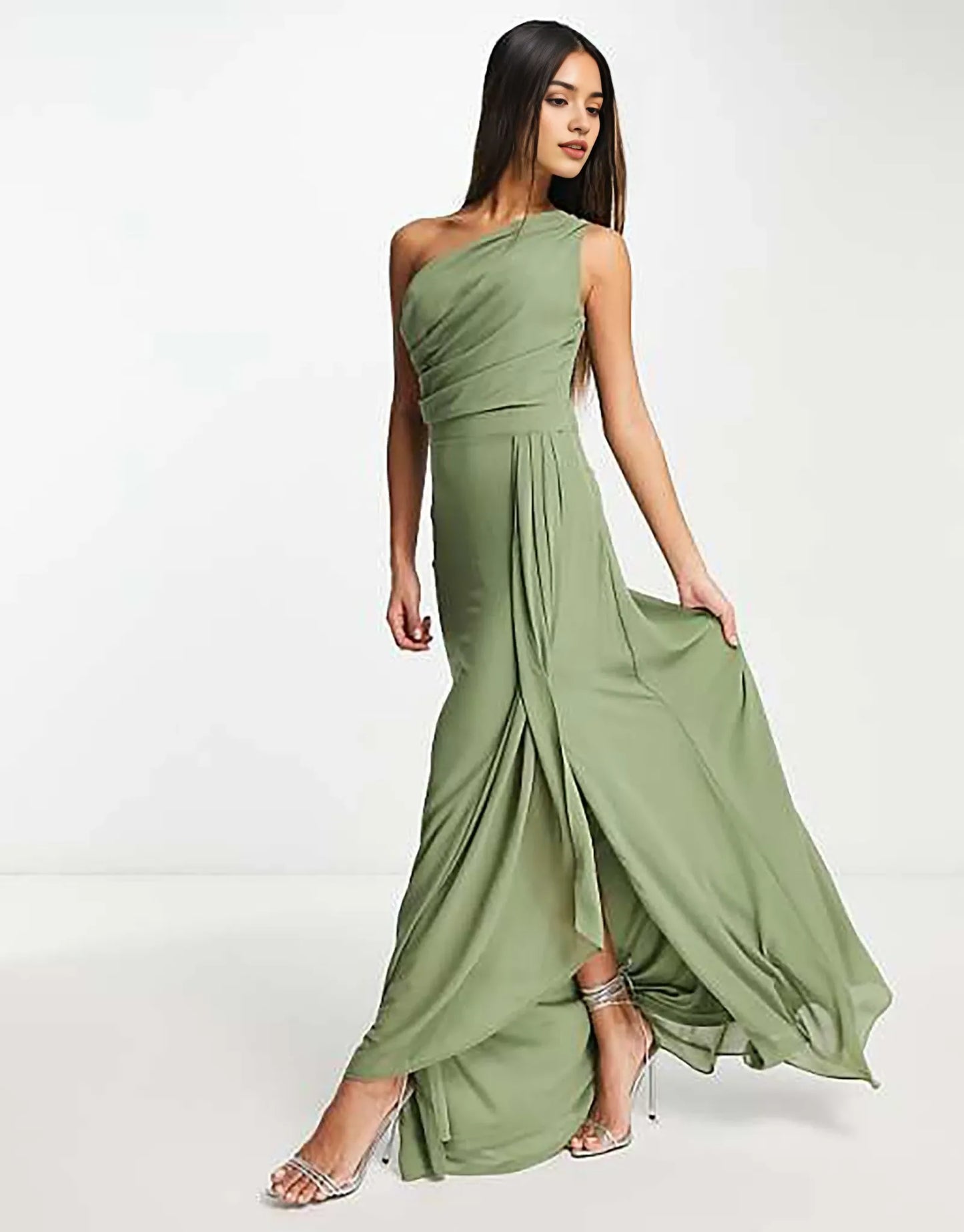 Elegant Olive One-Shoulder Ruched High-Slit Floor-Length Evening Dress