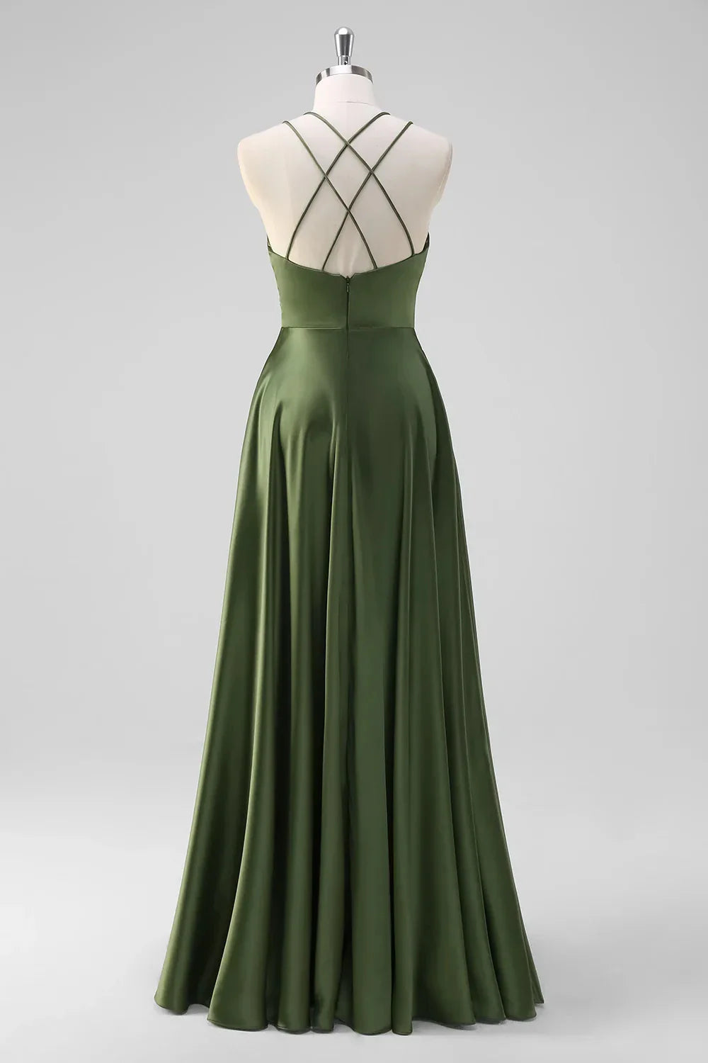 Elegant Olive Green Satin Deep V-Neck Crisscross Back Maxi Evening Dress
