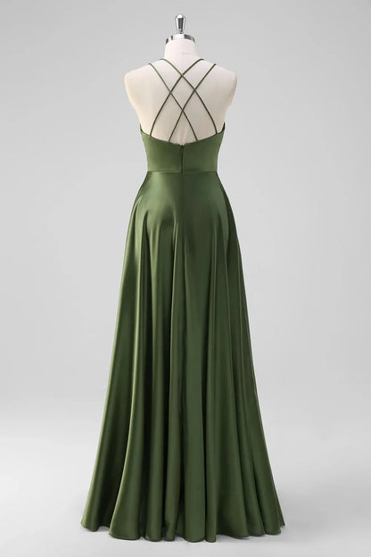 Elegant Olive Green Satin Deep V-Neck Crisscross Back Maxi Evening Dress