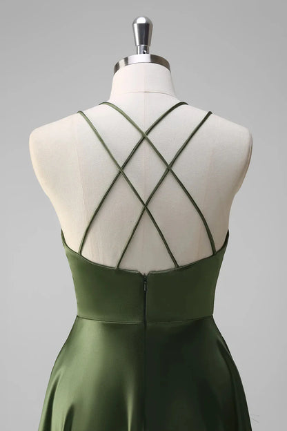 Elegant Olive Green Satin Deep V-Neck Crisscross Back Maxi Evening Dress