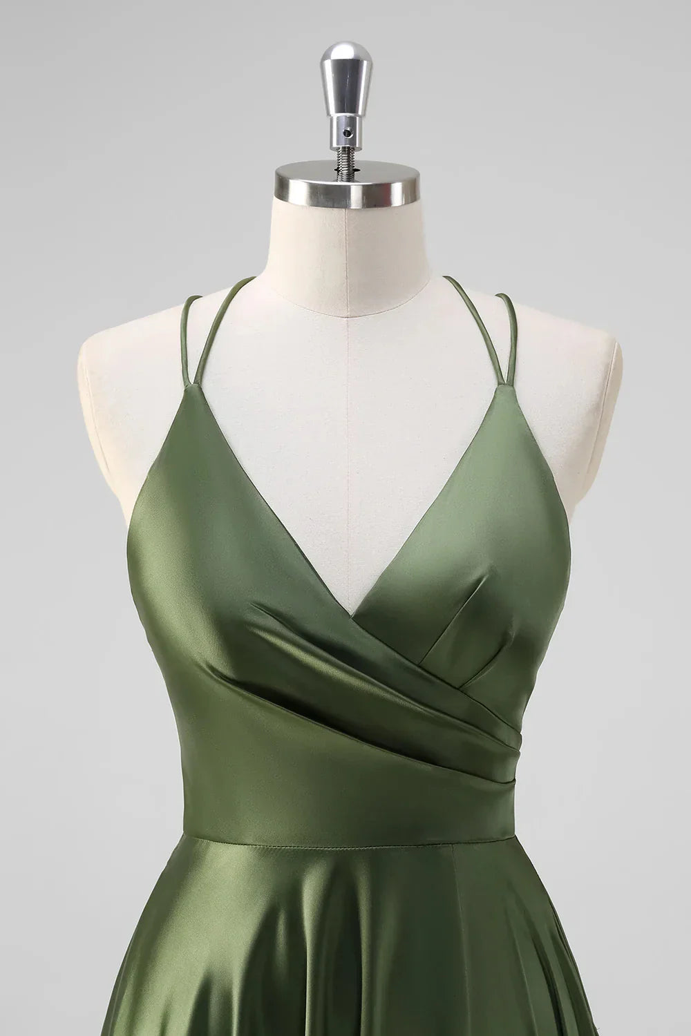 Elegant Olive Green Satin Deep V-Neck Crisscross Back Maxi Evening Dress