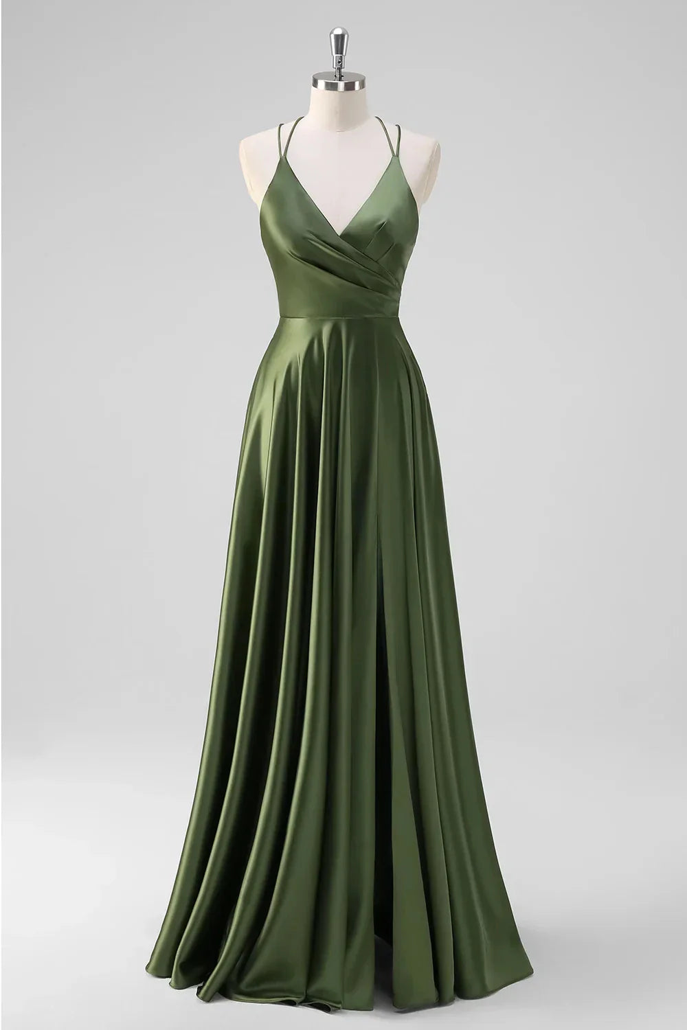 Elegant Olive Green Satin Deep V-Neck Crisscross Back Maxi Evening Dress