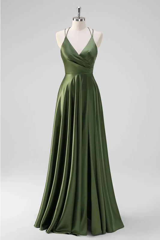 Elegant Olive Green Satin Deep V-Neck Crisscross Back Maxi Evening Dress