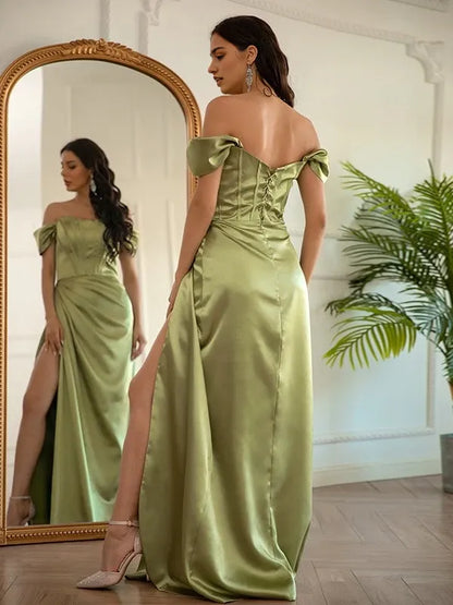 Elegant Olive Green Satin Off-Shoulder High-Slit Floor-Length Evening Dress