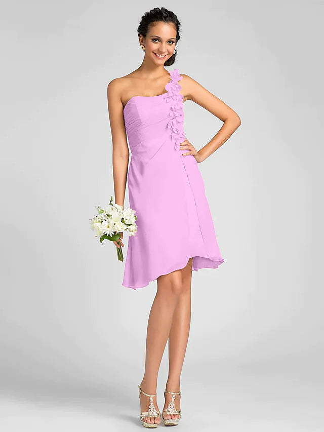 Full view of the one-shoulder knee-length chiffon dress, showcasing its graceful flow and design.