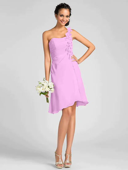 Full view of the one-shoulder knee-length chiffon dress, showcasing its graceful flow and design.