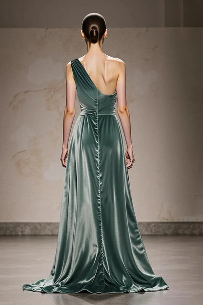 Elegant One-Shoulder Floral Detail Velvet Maxi Evening Dress with Side Slit & Train
