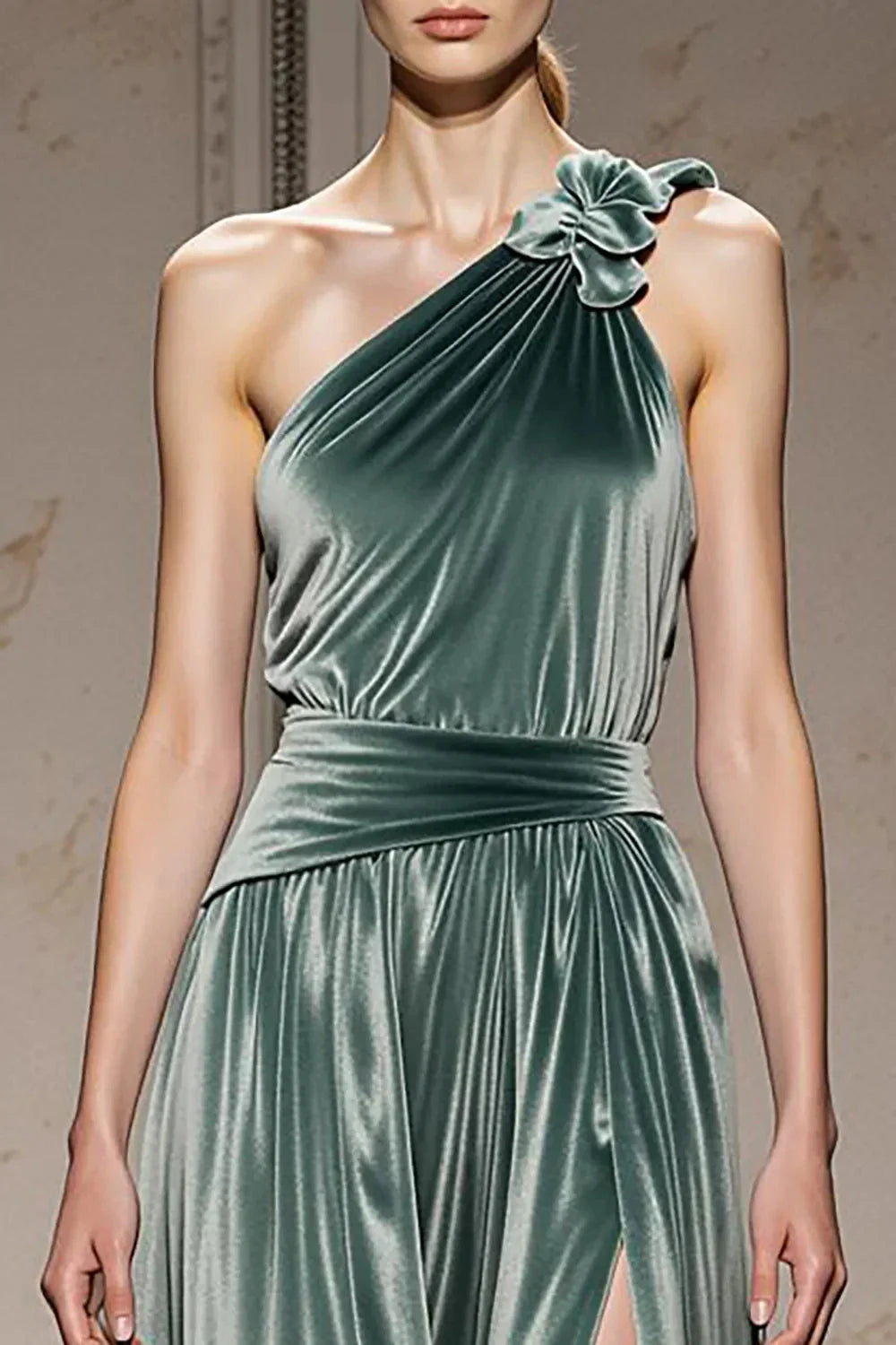 Elegant One-Shoulder Floral Detail Velvet Maxi Evening Dress with Side Slit & Train