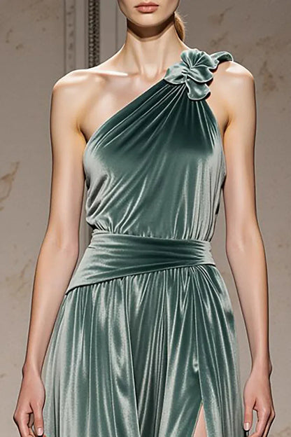 Elegant One-Shoulder Floral Detail Velvet Maxi Evening Dress with Side Slit & Train