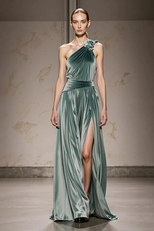 Elegant One-Shoulder Floral Detail Velvet Maxi Evening Dress with Side Slit & Train