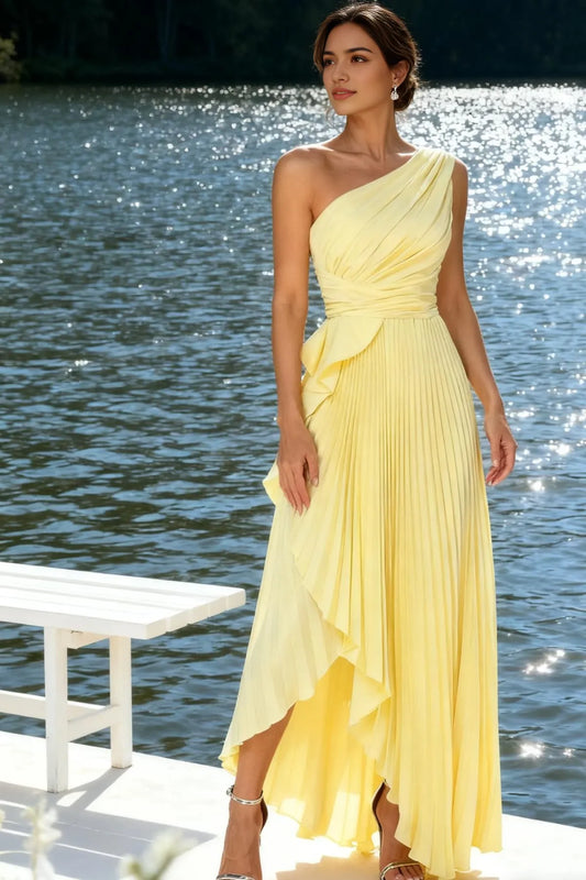 Elegant One-Shoulder Ruched Asymmetrical Pleated Maxi Evening Dress