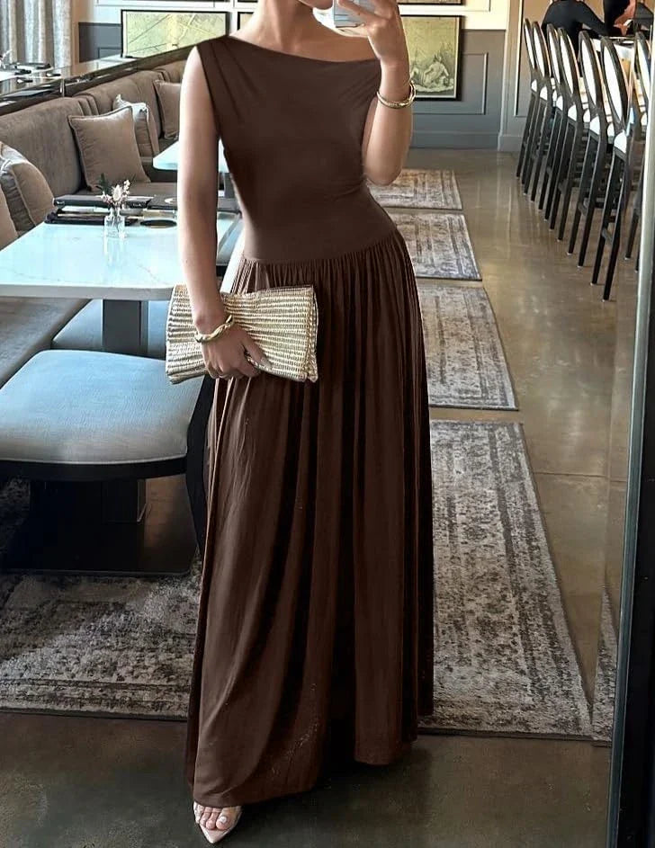 Elegant One-Shoulder Ruched Pocketed Maxi Evening Dress
