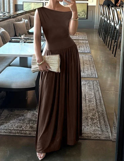 Elegant One-Shoulder Ruched Pocketed Maxi Evening Dress
