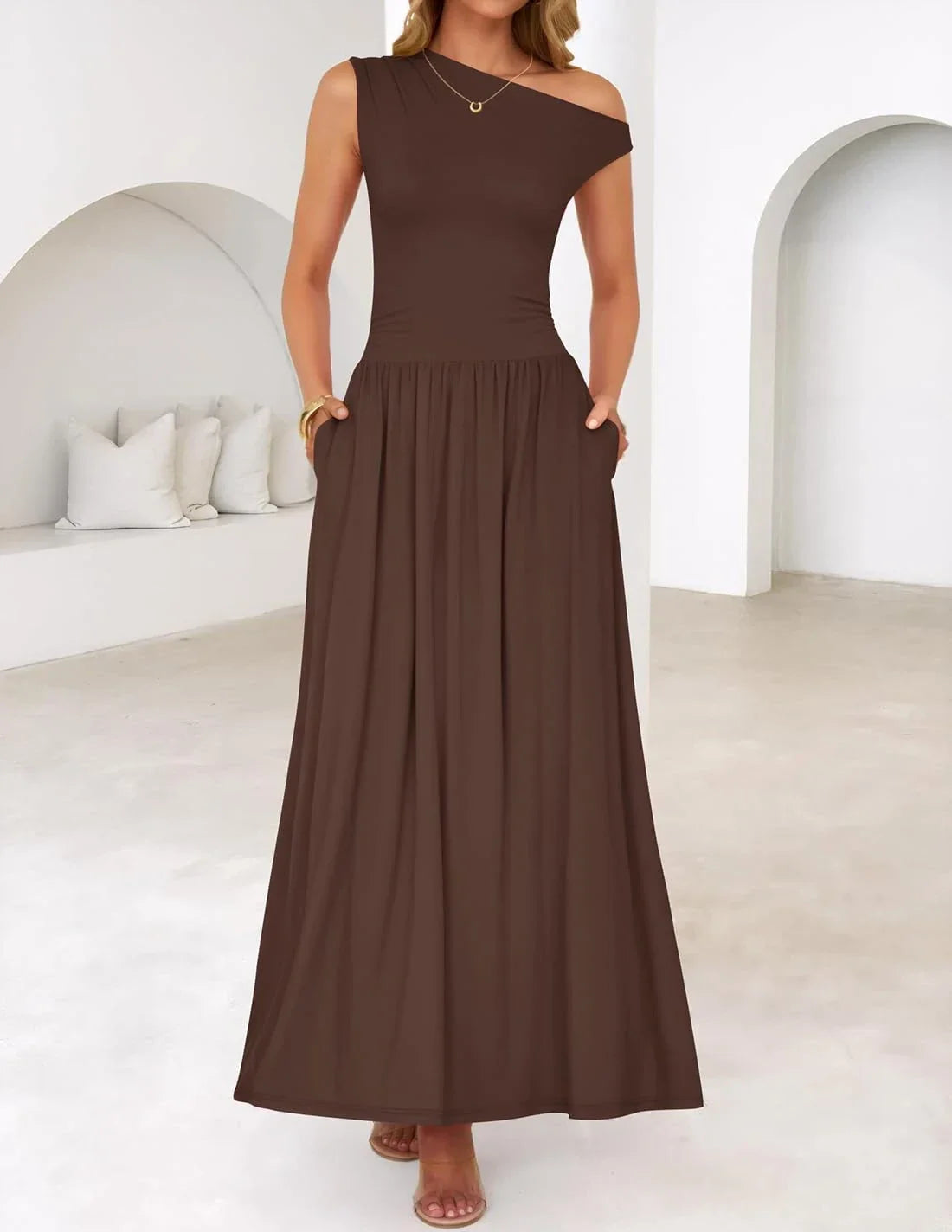 Elegant One-Shoulder Ruched Pocketed Maxi Evening Dress