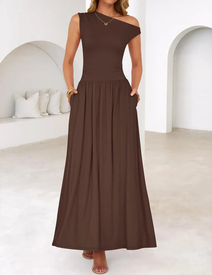 Elegant One-Shoulder Ruched Pocketed Maxi Evening Dress