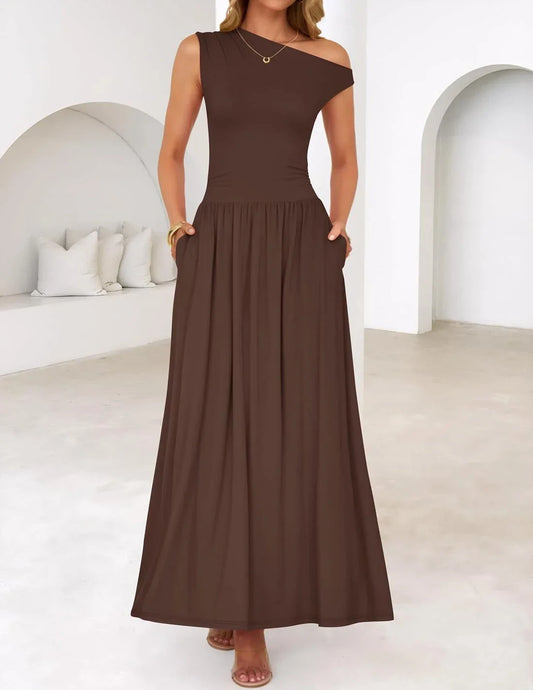 Elegant One-Shoulder Ruched Pocketed Maxi Evening Dress