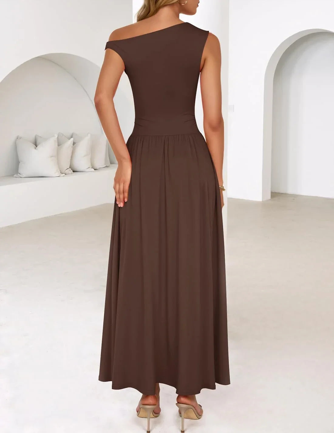 Elegant One-Shoulder Ruched Pocketed Maxi Evening Dress