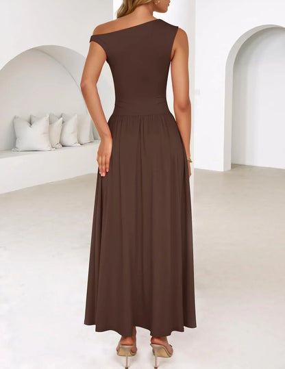 Elegant One-Shoulder Ruched Pocketed Maxi Evening Dress