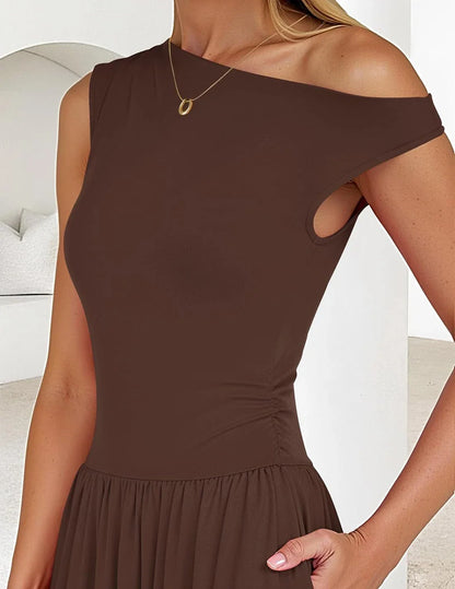 Elegant One-Shoulder Ruched Pocketed Maxi Evening Dress