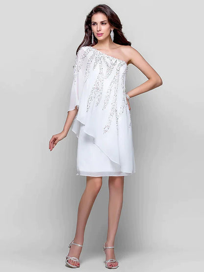 Model wearing a white one-shoulder sequin chiffon cocktail dress.
