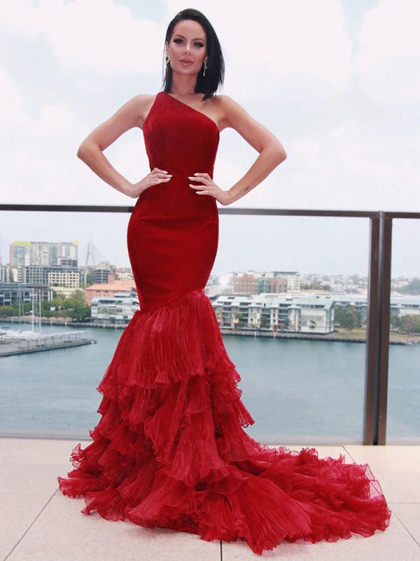 Elegant red organza one-shoulder prom dress with layered skirt.