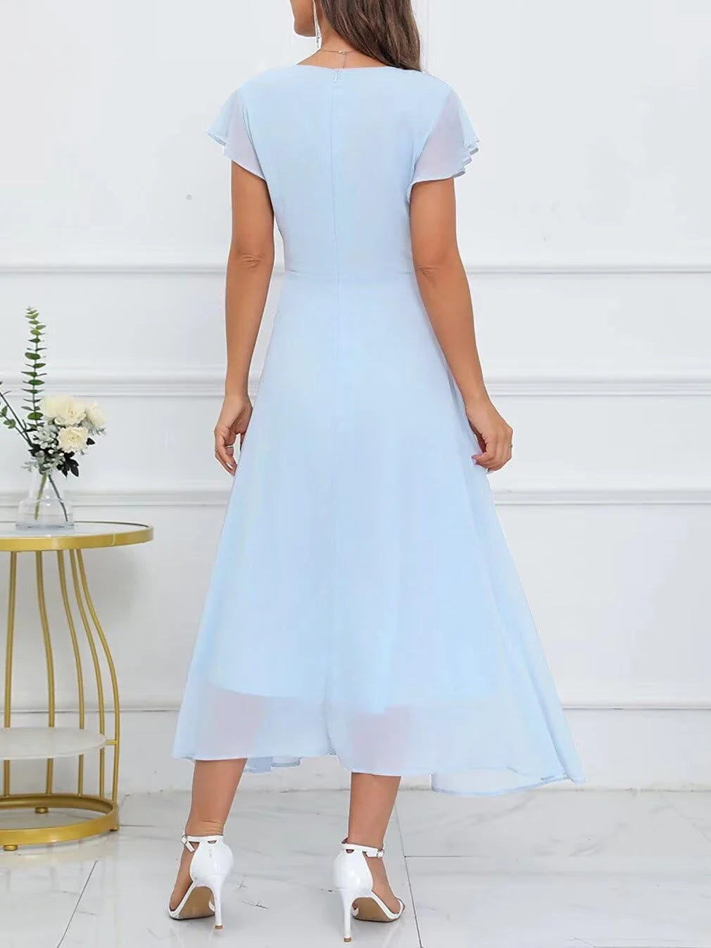 Elegant Plunge Neck Ruffle Sleeve Knot-Front Midi Evening Dress