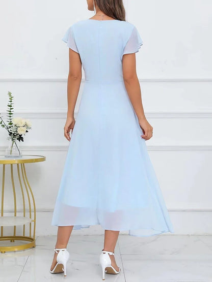 Elegant Plunge Neck Ruffle Sleeve Knot-Front Midi Evening Dress
