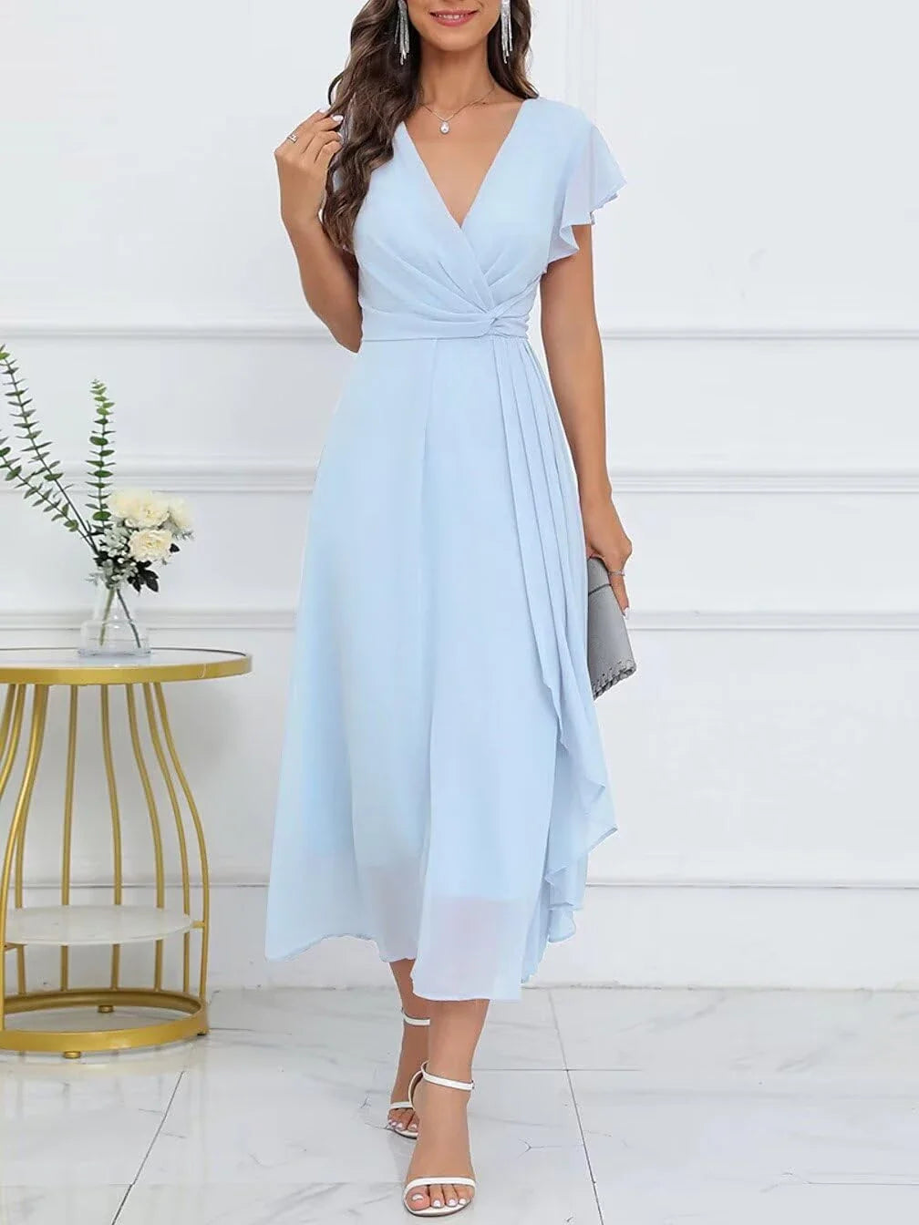 Elegant Plunge Neck Ruffle Sleeve Knot-Front Midi Evening Dress