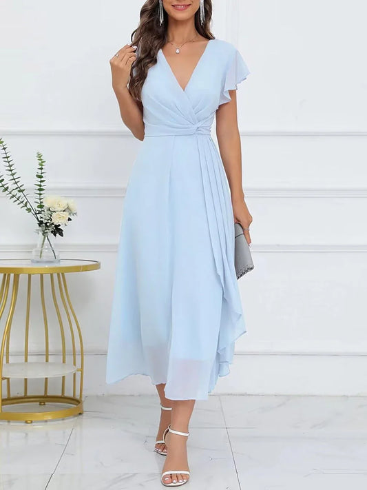 Elegant Plunge Neck Ruffle Sleeve Knot-Front Midi Evening Dress
