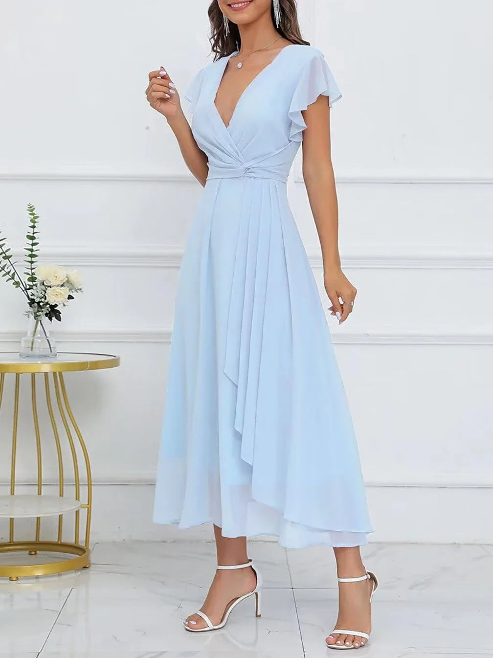 Elegant Plunge Neck Ruffle Sleeve Knot-Front Midi Evening Dress