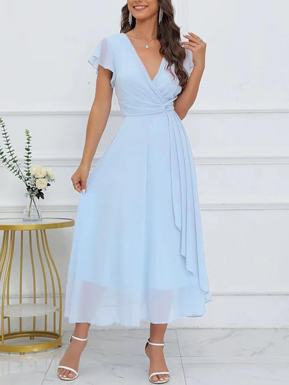 Elegant Plunge Neck Ruffle Sleeve Knot-Front Midi Evening Dress