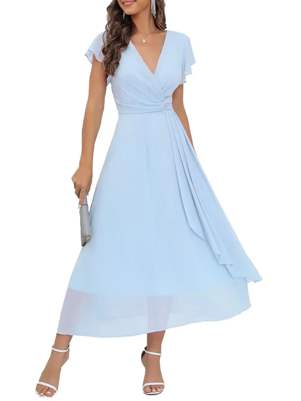 Elegant Plunge Neck Ruffle Sleeve Knot-Front Midi Evening Dress