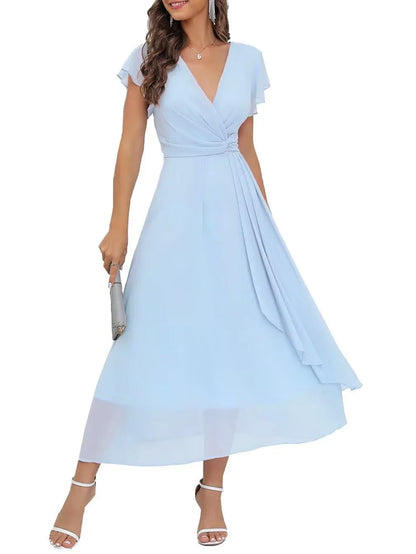 Elegant Plunge Neck Ruffle Sleeve Knot-Front Midi Evening Dress