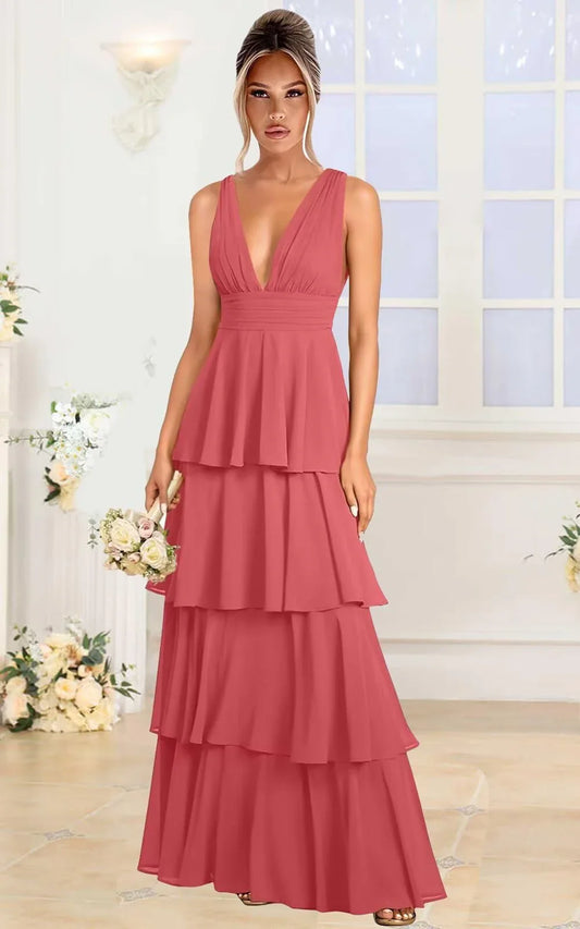 Elegant Plunge Neck Tiered Ruffle Maxi Evening Dress