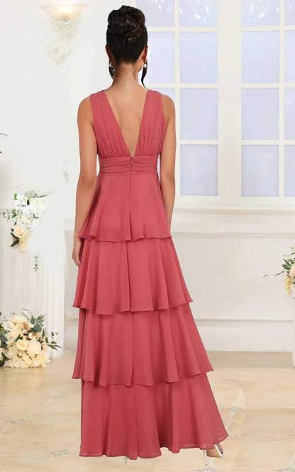 Elegant Plunge Neck Tiered Ruffle Maxi Evening Dress