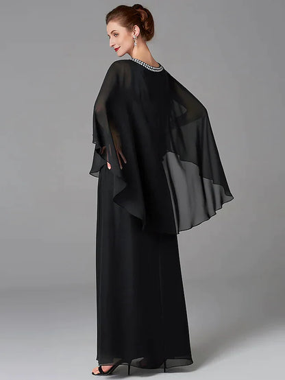 Back view of a woman in a sleeveless A-line mother of the bride dress.