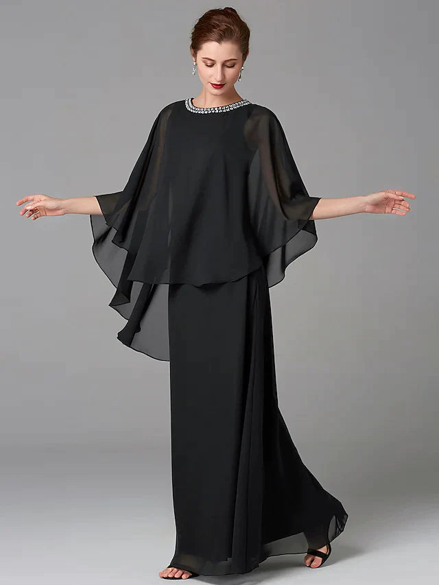 Side profile of a woman wearing a beaded chiffon formal gown.