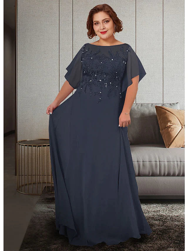 Elegant plus size A-line Mother of the Bride dress with jewel neck, half sleeves, and lace appliques.