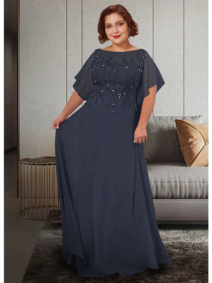 Elegant plus size A-line Mother of the Bride dress with jewel neck, half sleeves, and lace appliques.