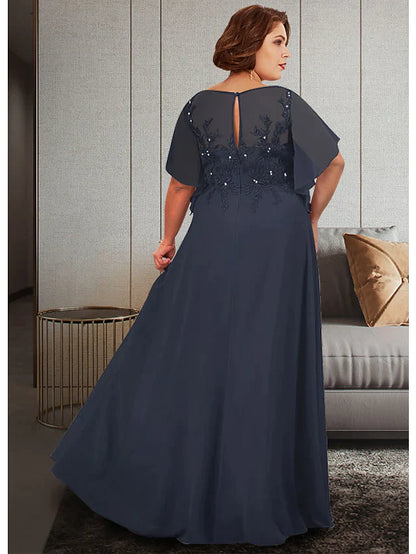 Floor-length chiffon lace Mother of the Bride gown, featuring a graceful A-line silhouette.