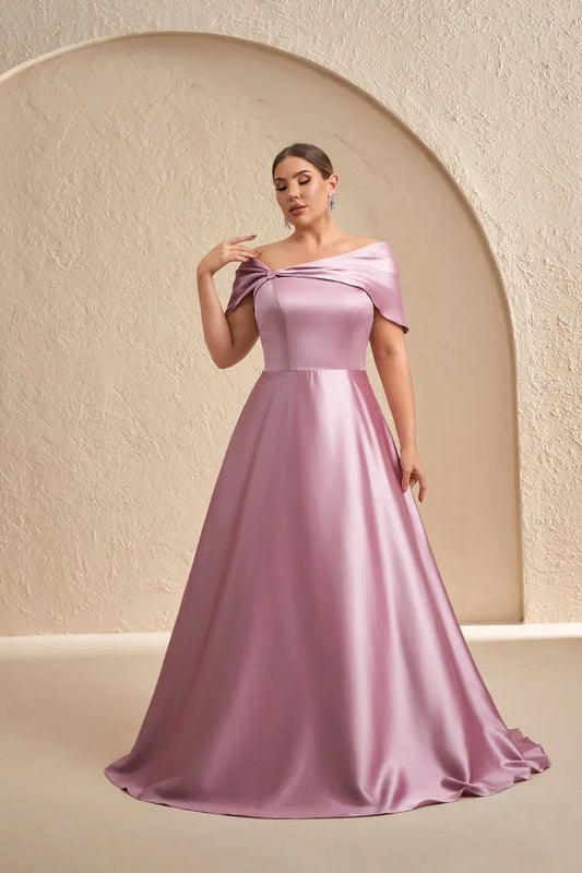 Elegant Plus Size A-Line Off-The-Shoulder Short Sleeve Draped Satin Evening Dress With Train