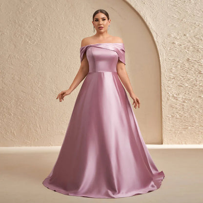 Elegant Plus Size A-Line Off-The-Shoulder Short Sleeve Draped Satin Evening Dress With Train