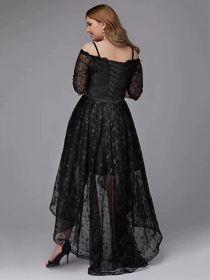Side view of the navy blue A-line cocktail dress, highlighting the lace detailing.