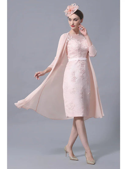 Elegant plus size Mother of the Bride dress with bateau neck and 3/4 sleeves.